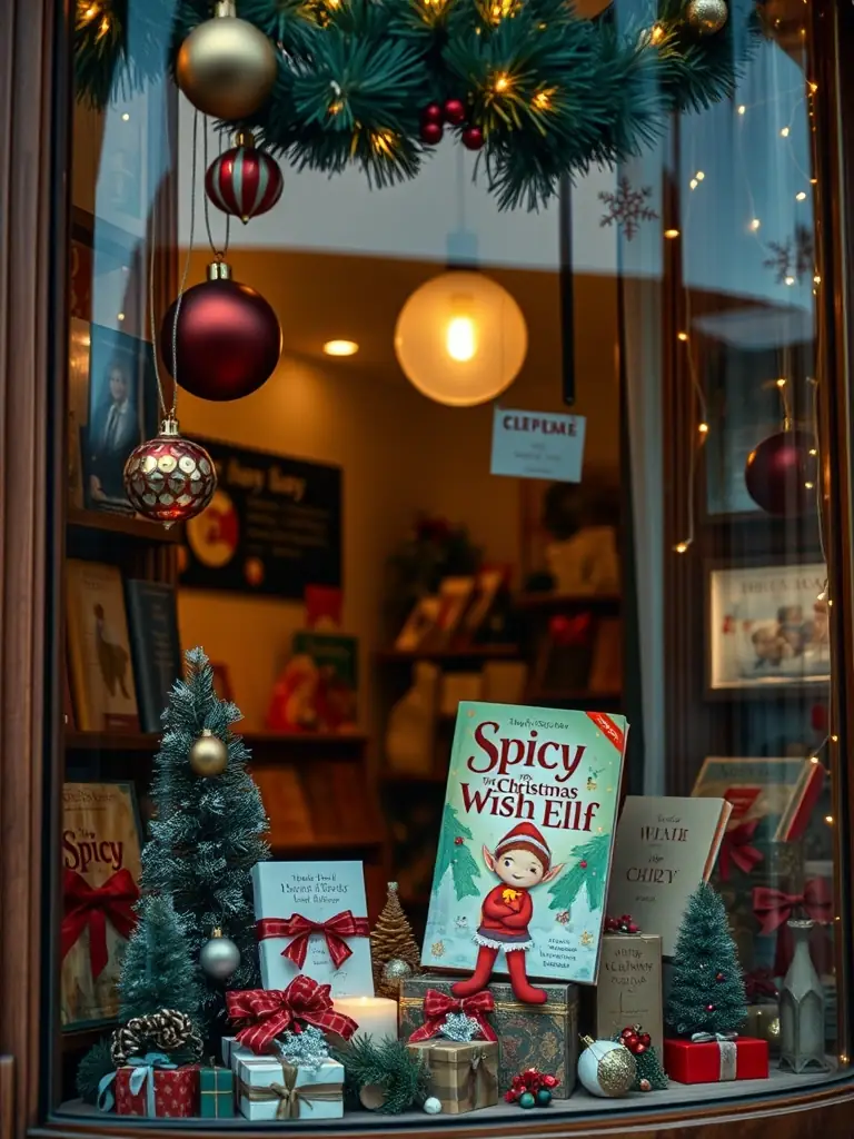 The storefront of a charming local bookstore, decorated for the holidays, with a window display featuring 'Spicy the Christmas Wish Elf'.
