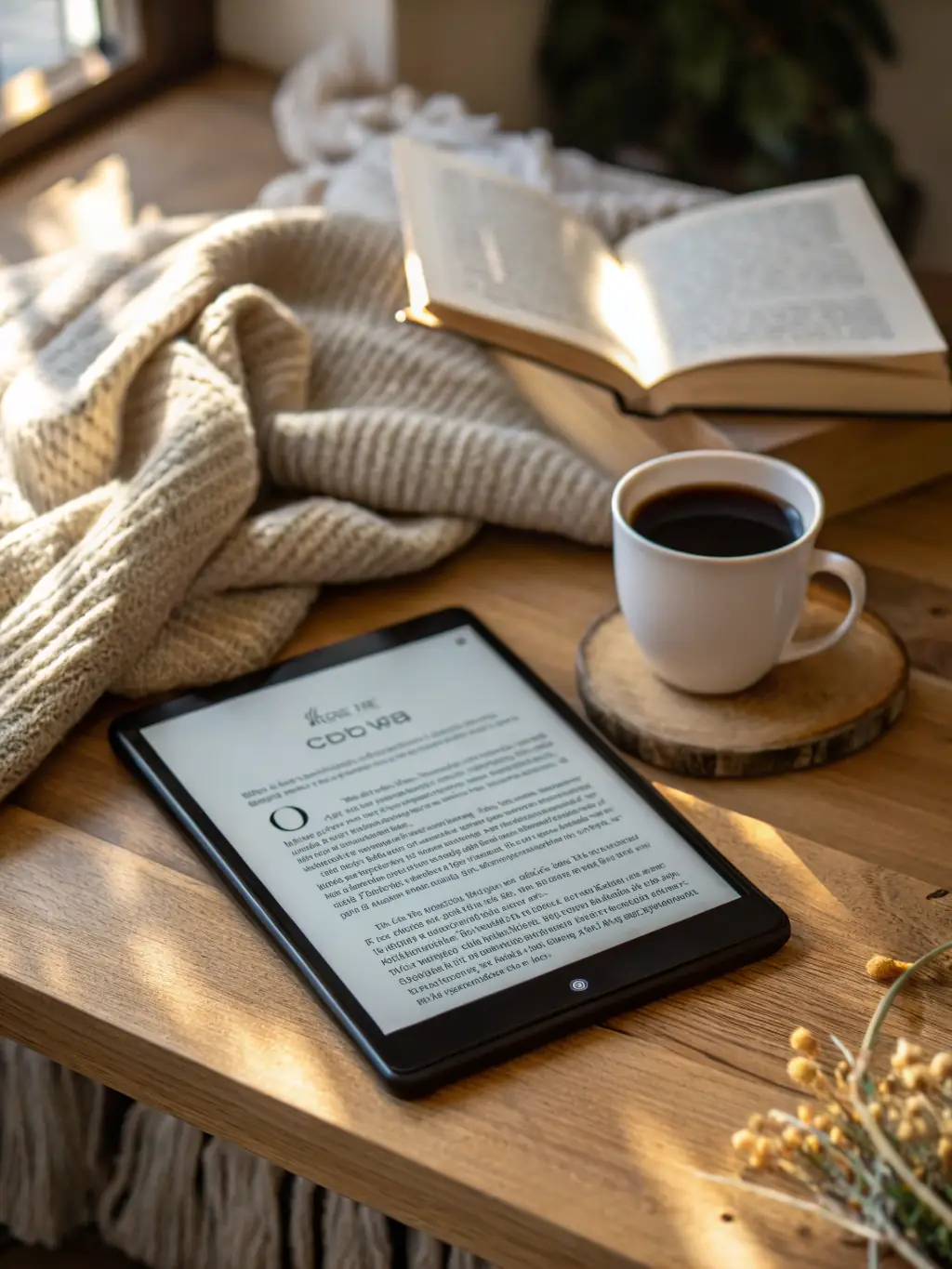 A tablet displaying the cover of 'Spicy the Christmas Wish Elf' in an e-reader app, with a cozy, warmly lit room in the background to suggest comfortable reading.